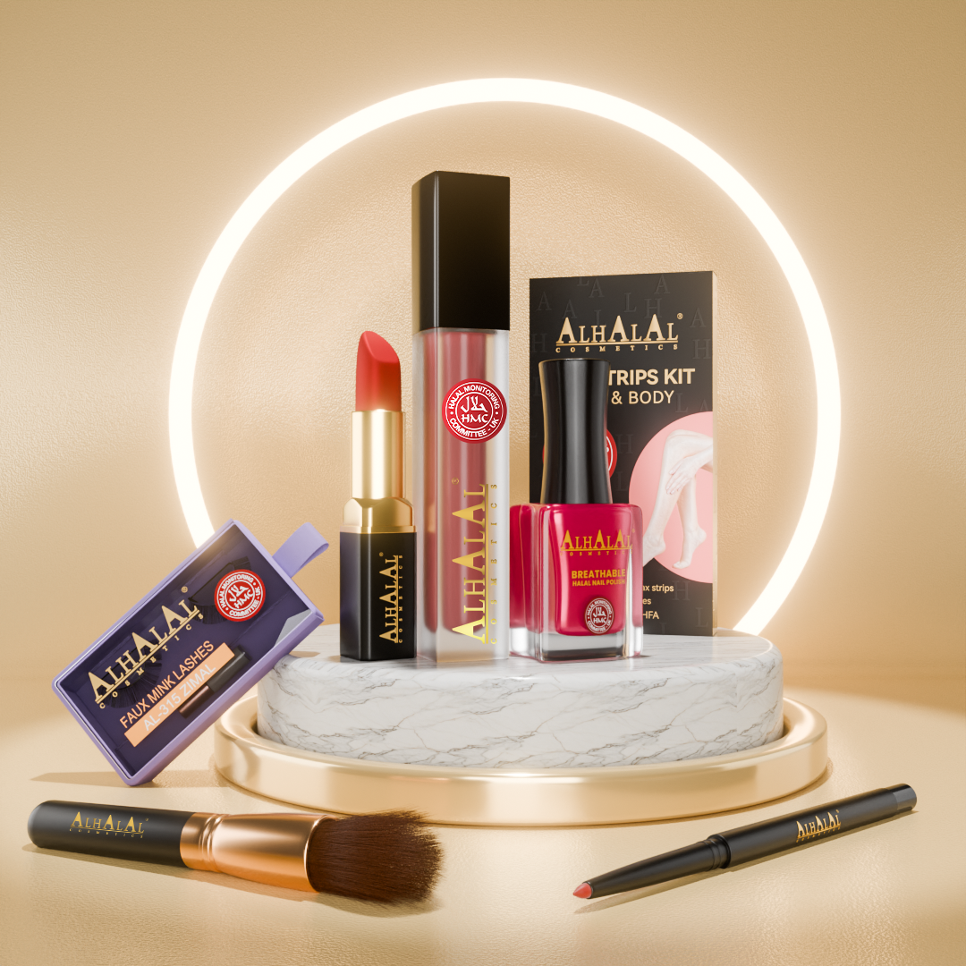Halal Kosmetik Set von Alhalal Cosmetics: Lippenstift, Liquid Lipstick, Nagellack, Pinsel und Wachsstreifen